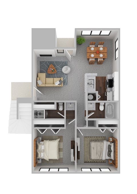 Floor plan for 2 beds, 2 baths, 975 sqft